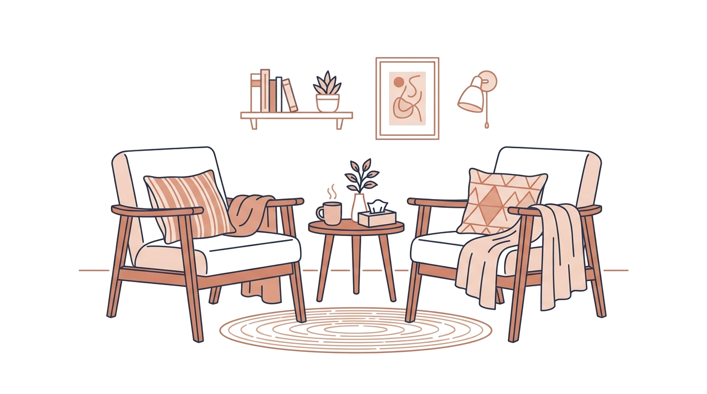 Illustrazione di due poltroncine accoglienti orientate l'una verso l'altra - Simbolo della relazione terapeutica Gestalt